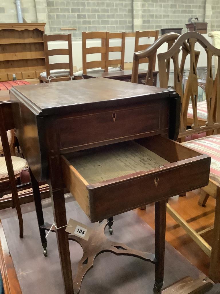 A George III inlaid mahogany drop flap work table, 77cm extended, width 48cm, height 74cm